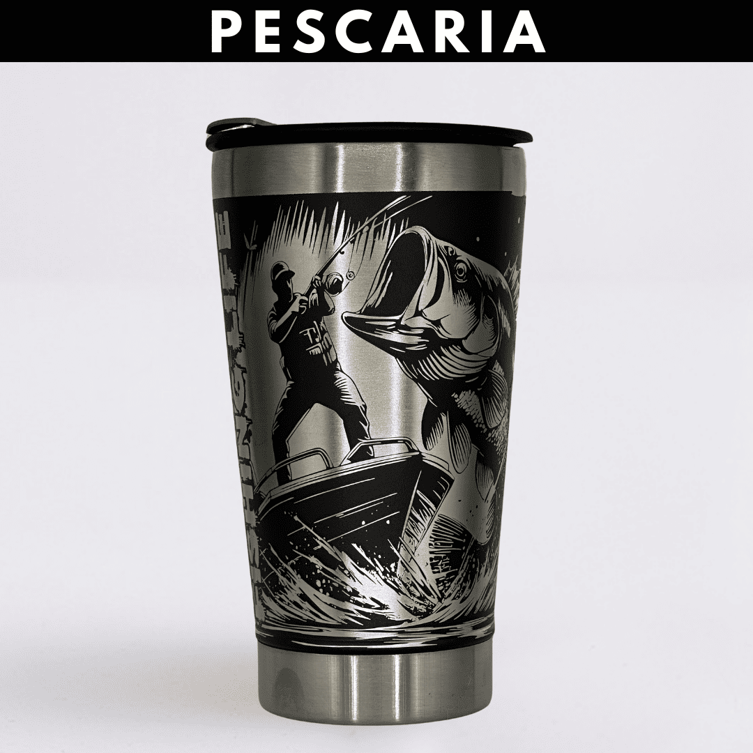Pescaria – Copo Térmico Preto Personalizado 360° a Laser + Brinde