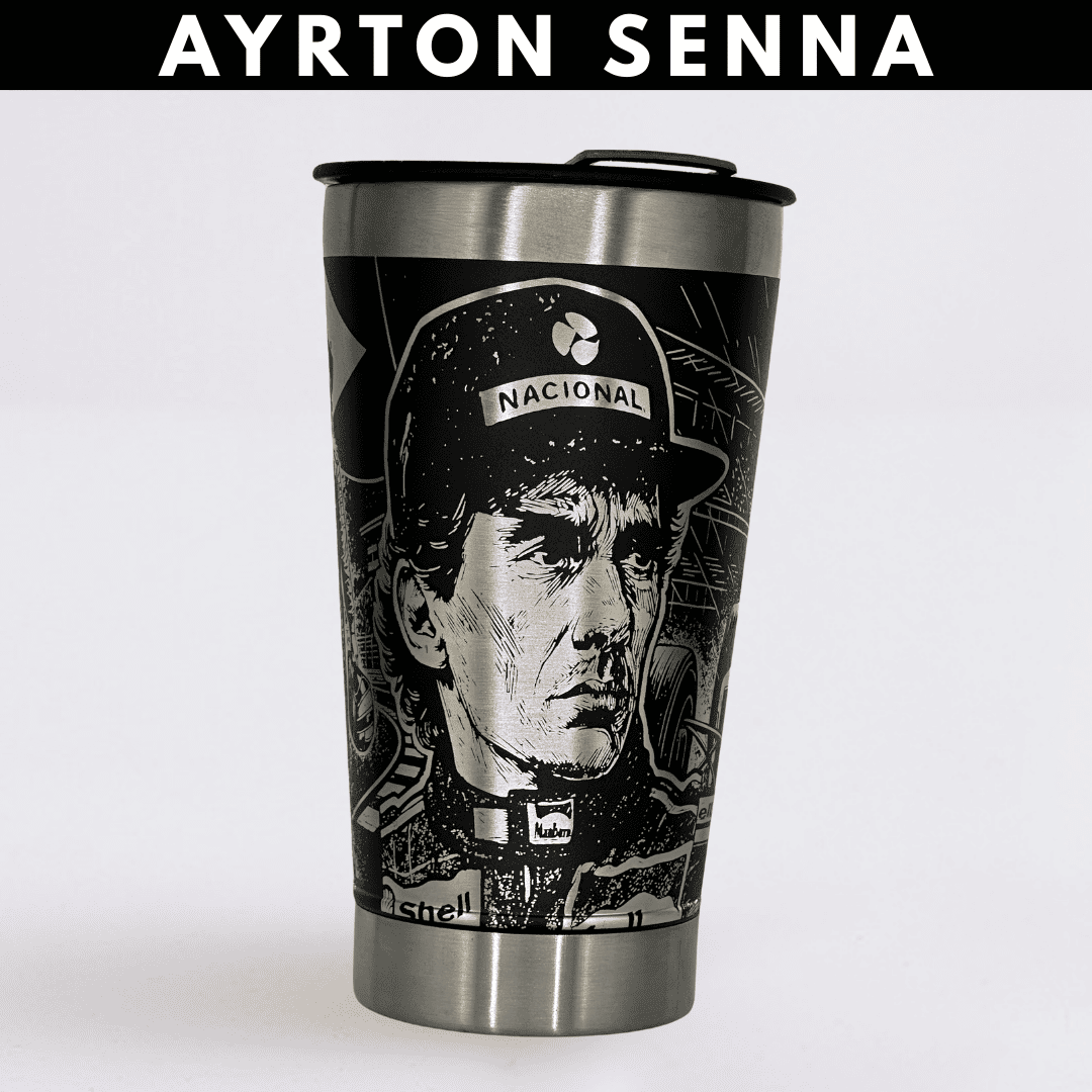 Ayrton Senna – Copo Térmico Preto Personalizado 360° a Laser + Brinde