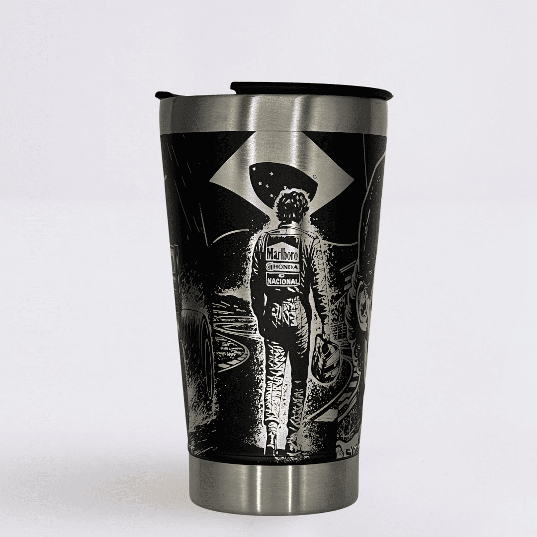 Ayrton Senna – Copo Térmico Preto Personalizado 360° a Laser + Brinde